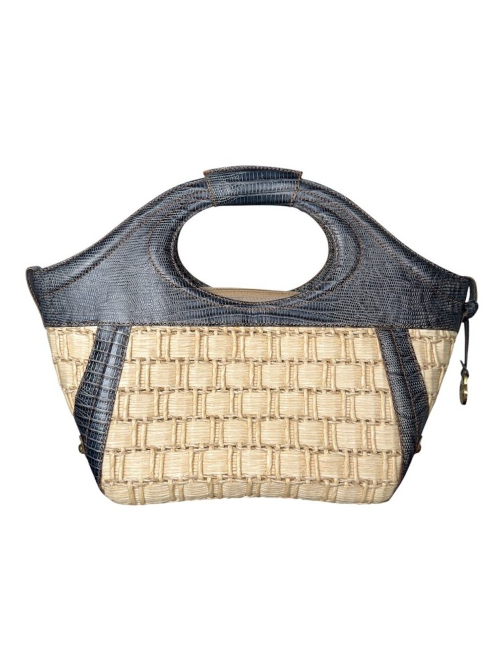 Brahmin Tote Handbag Capri Terrace Straw Wicker Tote Leather Embossed Handle